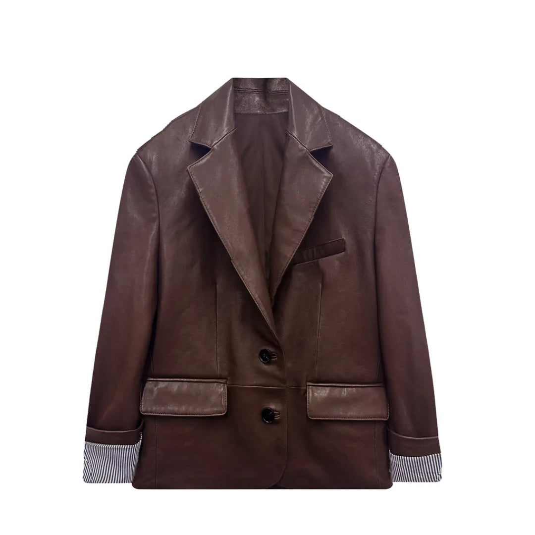 Vegetable-Tanned Sheepskin Contrast-Sleeve Vintage Suit Leather Jacket